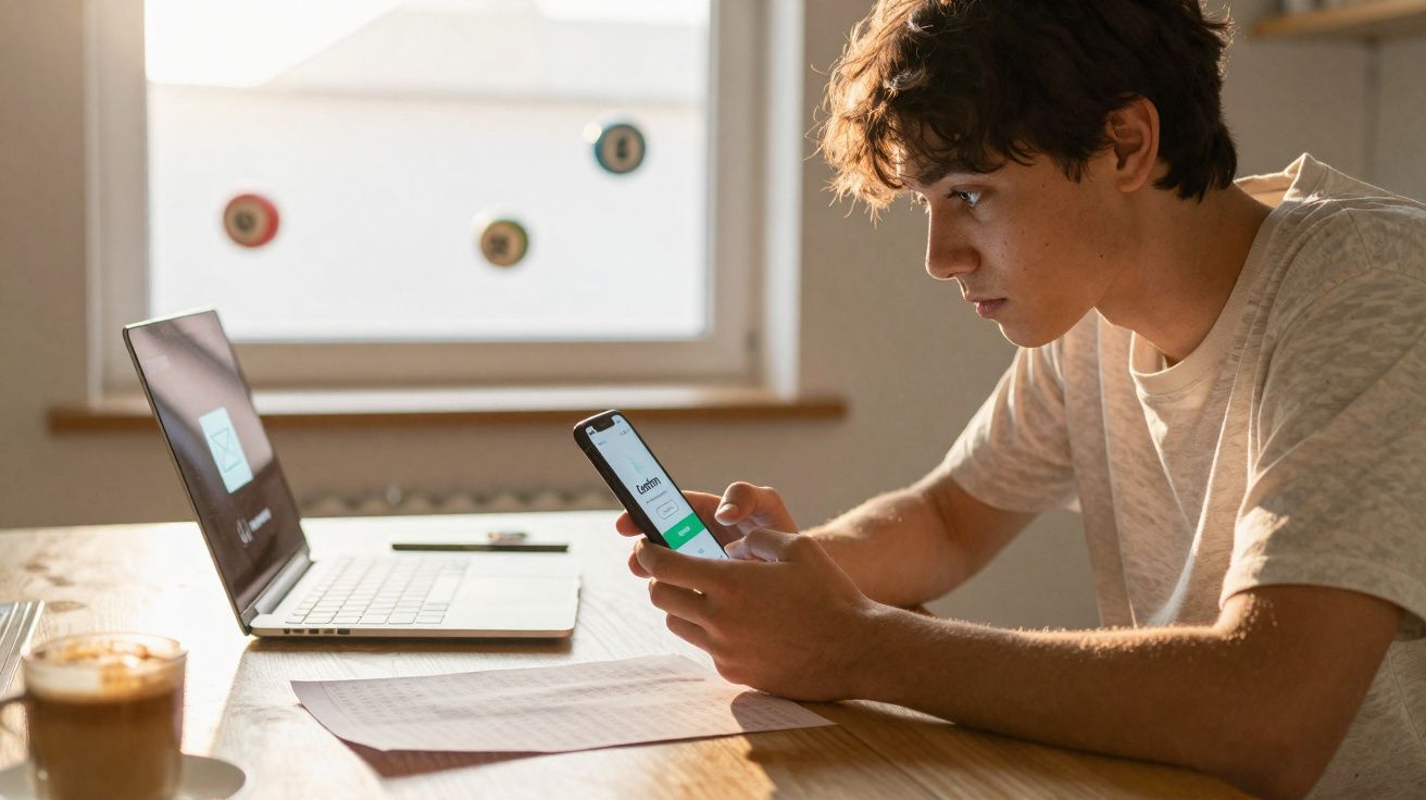 Jovem sentado à mesa a usar um smartphone, com portátil aberto e café ao lado numa sala iluminada.