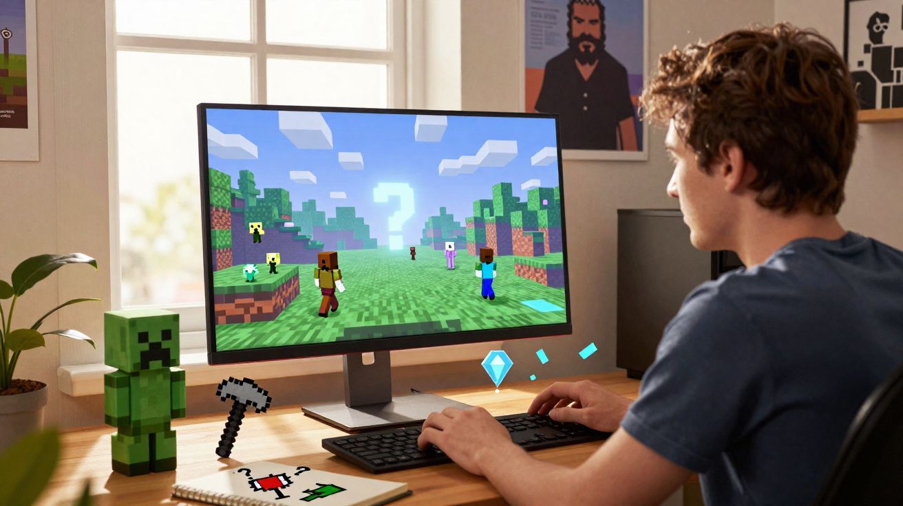 Jovem a jogar Minecraft num computador, com figuras e acessórios do jogo na secretária.