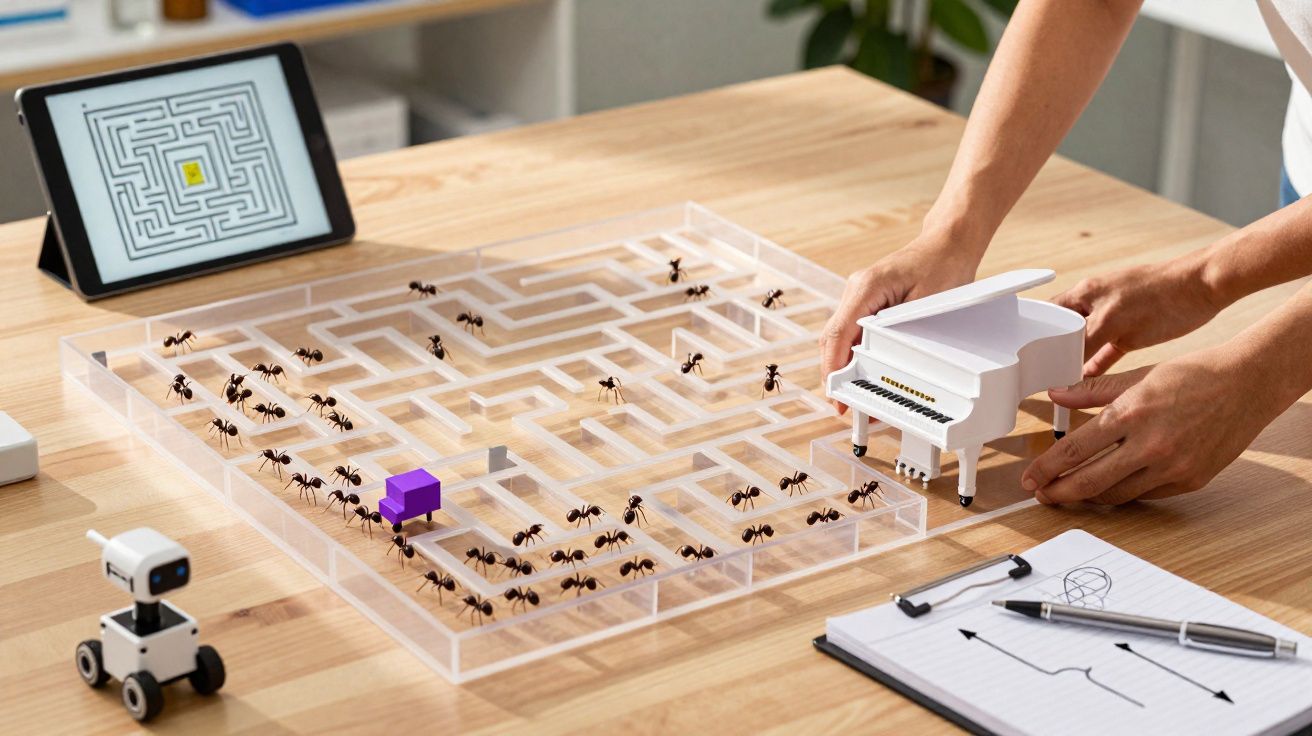 Labirinto transparente com formigas a seguir um padrão, tablet ao fundo e mãos a mexer num piano em miniatura.