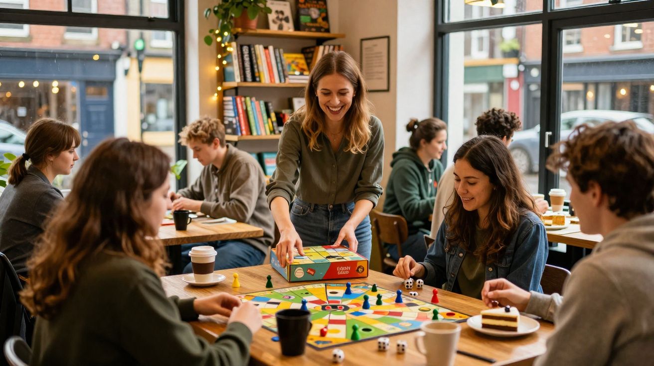 Grupo de jovens a jogar jogo de tabuleiro e a socializar numa cafetaria luminosa e acolhedora.