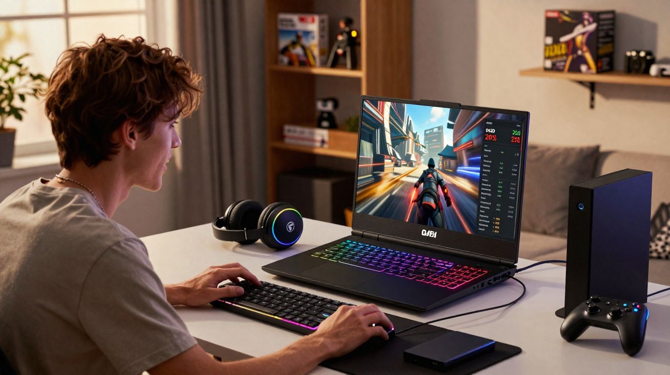 Jovem a jogar videojogo num portátil com teclado e auscultadores RGB numa secretária organizada em casa.