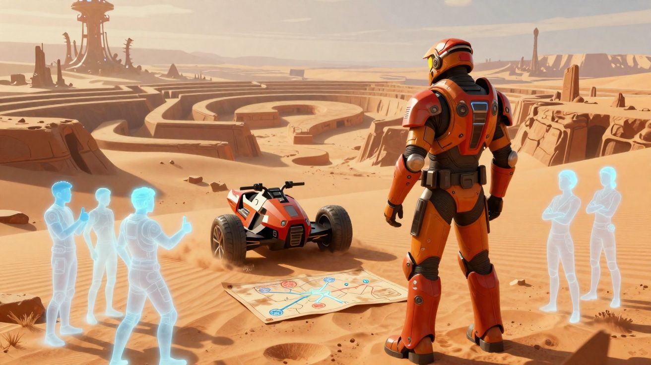 Soldado com armadura laranja observa mapa no deserto futurista, enquanto hologramas azuis discutem.