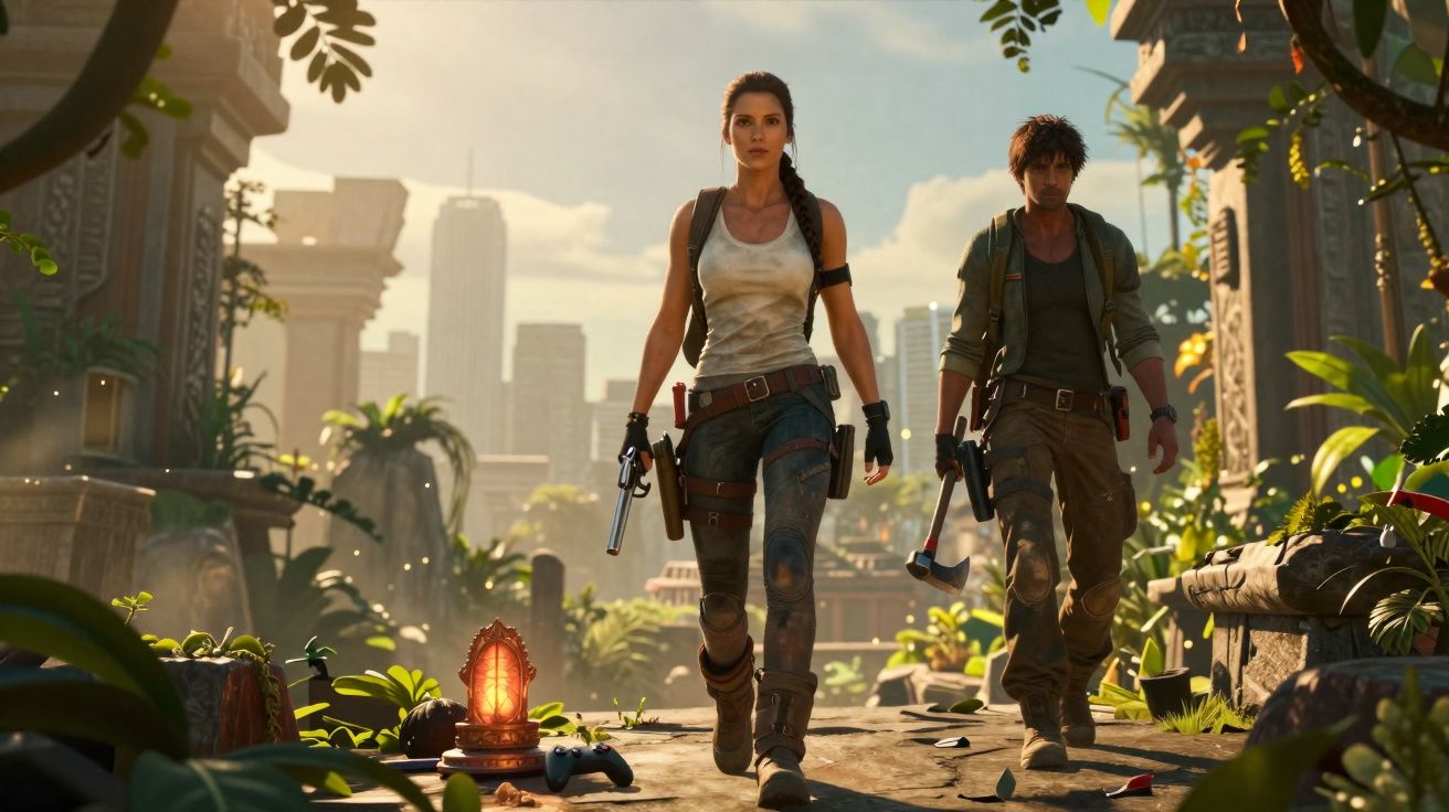 Duas personagens armadas caminham por ruínas tropicais com uma cidade moderna ao fundo ao amanhecer.