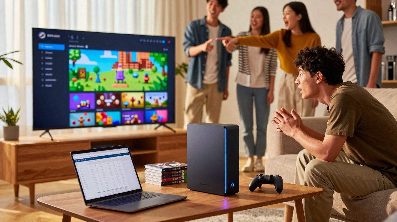 Grupo de jovens a jogar videojogos numa sala com televisão, portátil e comandos.