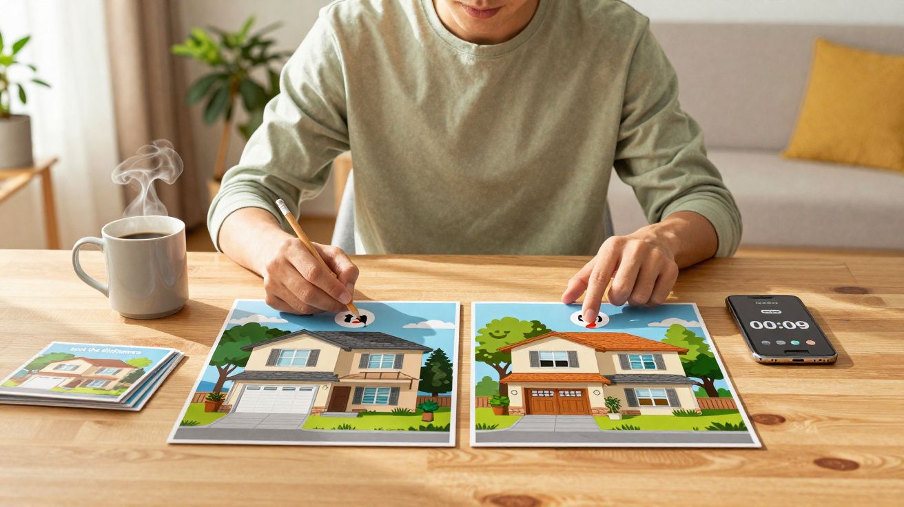 Pessoa a comparar imagens de casas num jogo de diferenças com cronómetro e chá quente numa mesa de madeira.