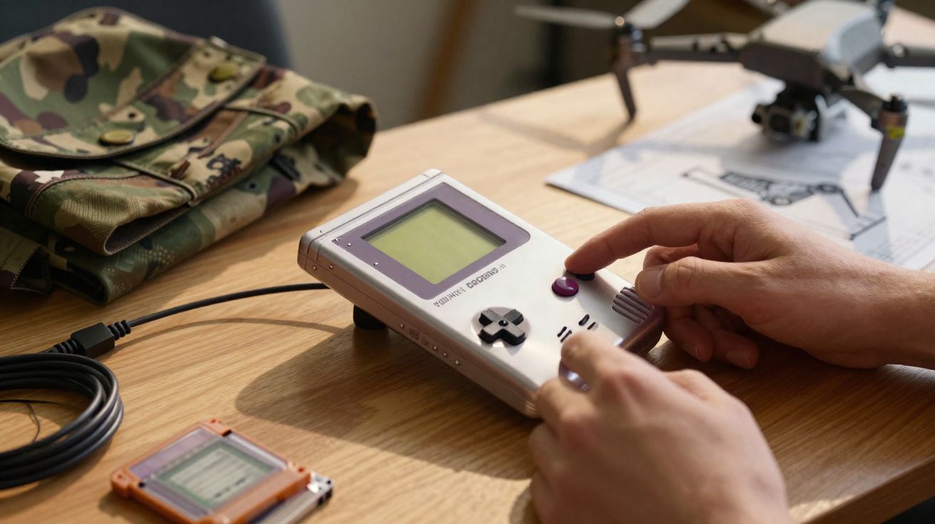 Mãos seguram uma consola portátil antiga junto a roupa camuflada e um drone numa mesa de madeira.