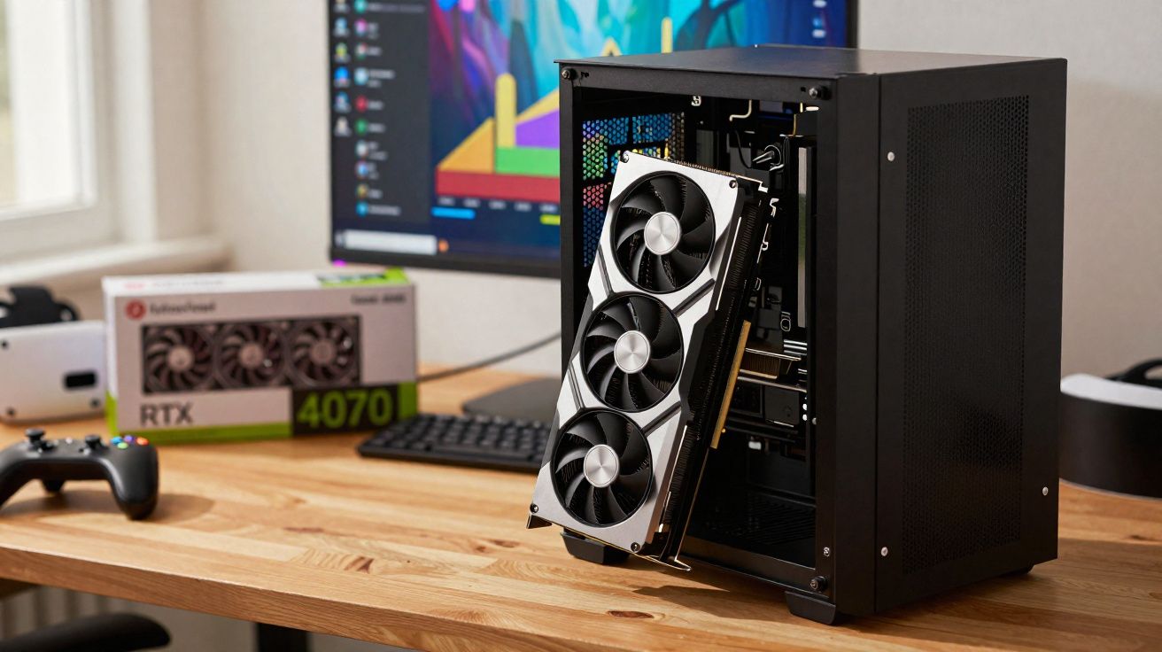 Computador preto aberto com uma placa gráfica RTX 4070 pronta para ser instalada numa secretária de madeira.