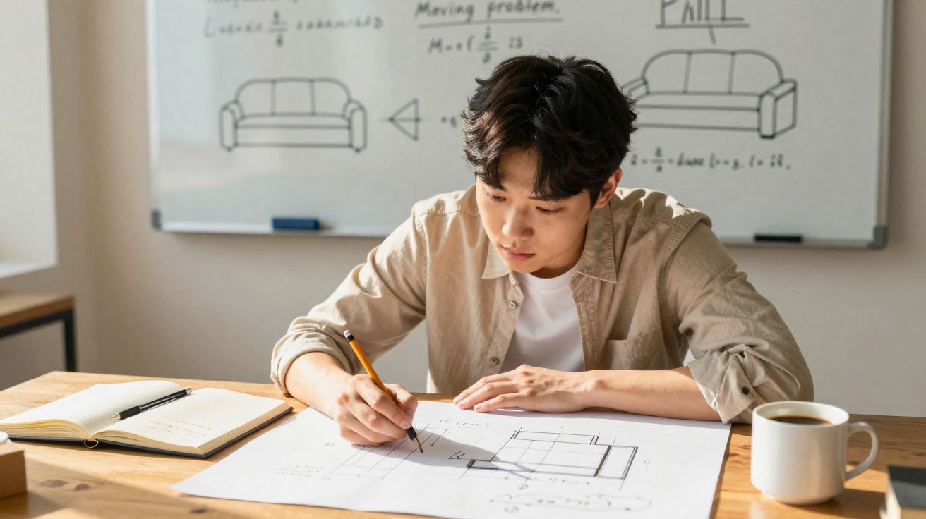 Jovem a desenhar projeto de sofá numa mesa com caderno e chá, em sala com quadro branco atrás.