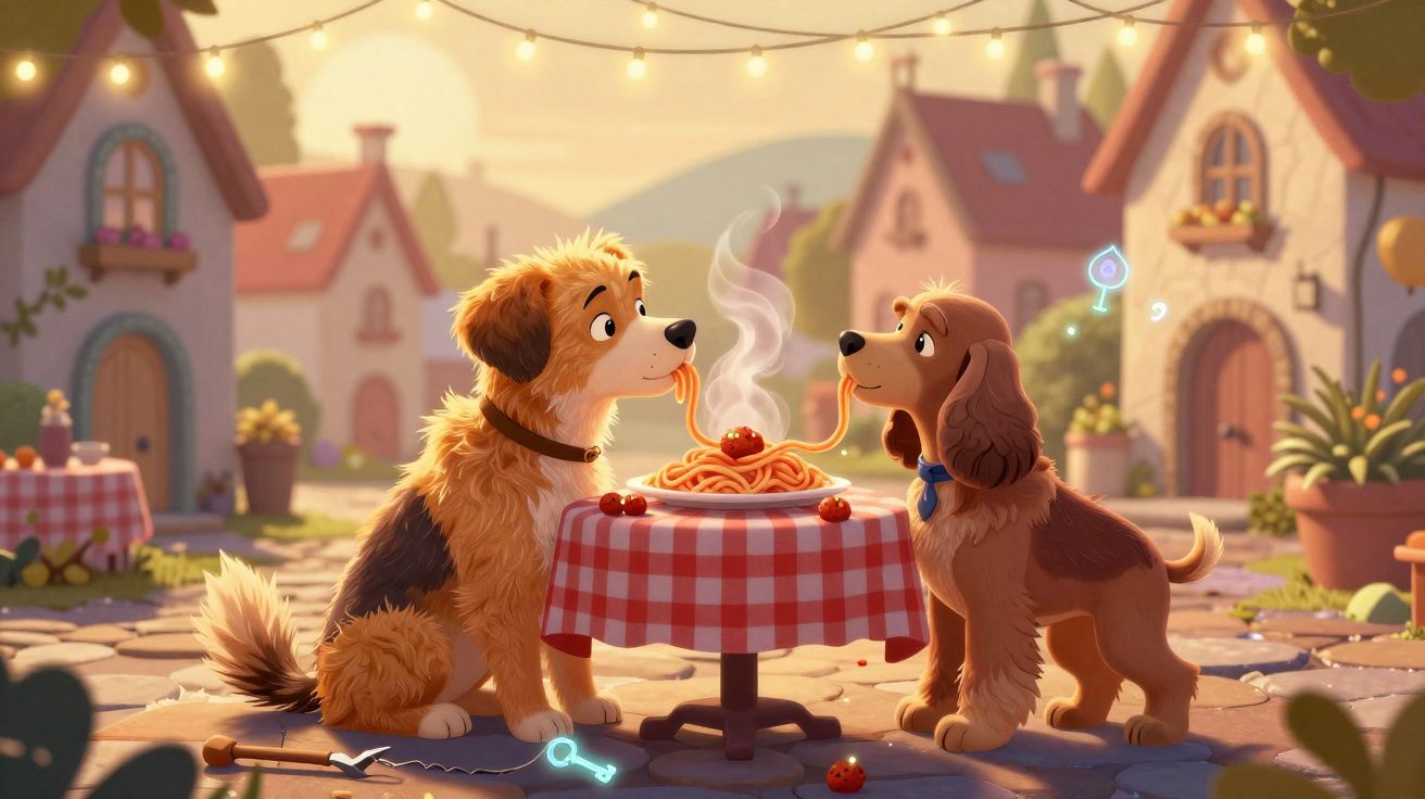 Dois cães animados partilham um prato de esparguete numa mesa com toalha às quadrados num pátio iluminado.