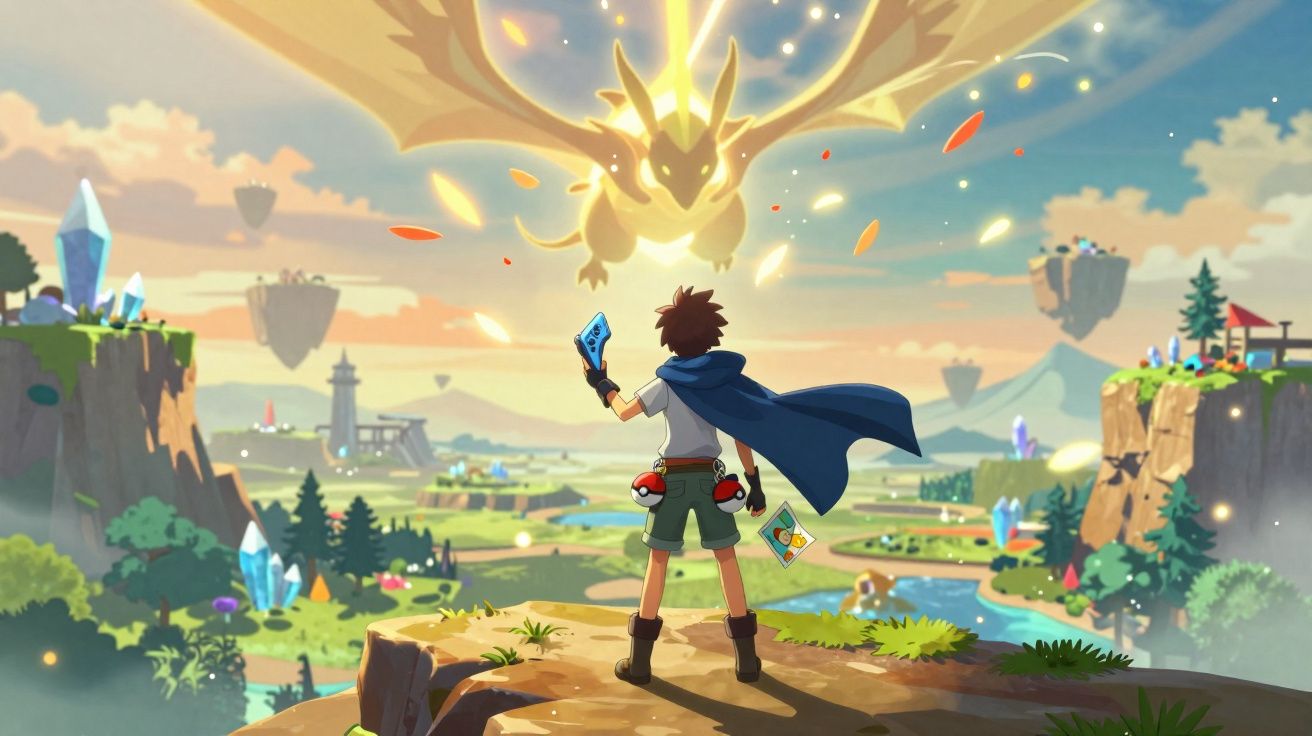 Jovem treinador de costas enfrenta um dragão dourado voando sobre um vale mágico com cristais e ilhas flutuantes.