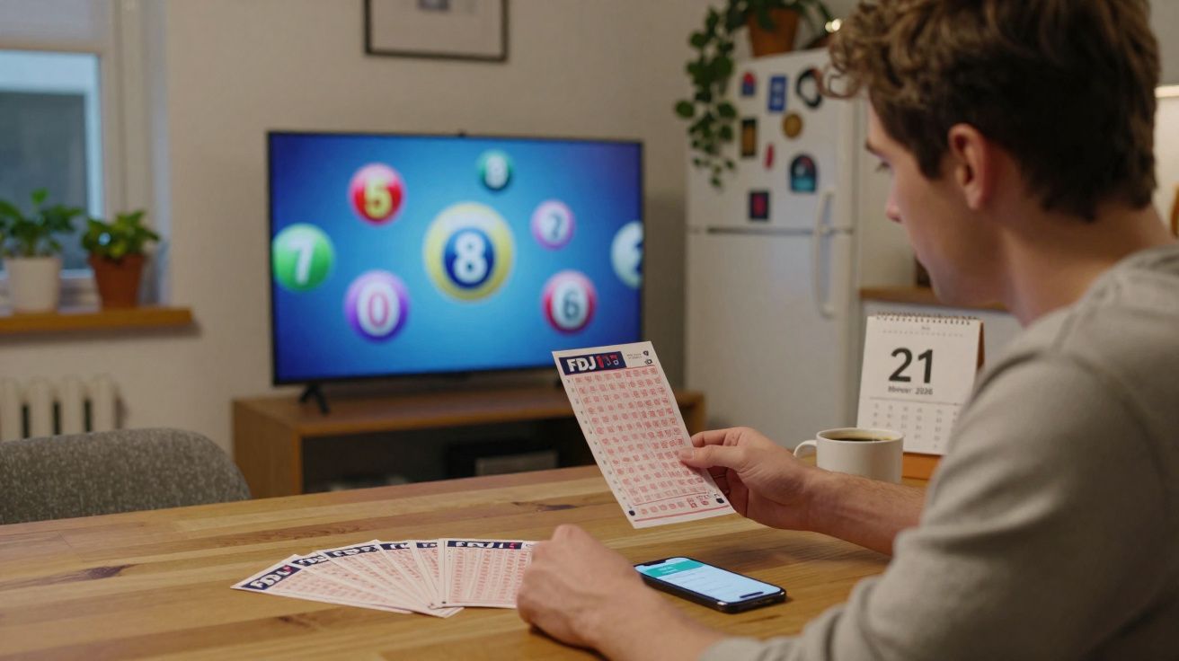Homem sentado à mesa a verificar boletins de jogo da lotaria com números na televisão ao fundo.