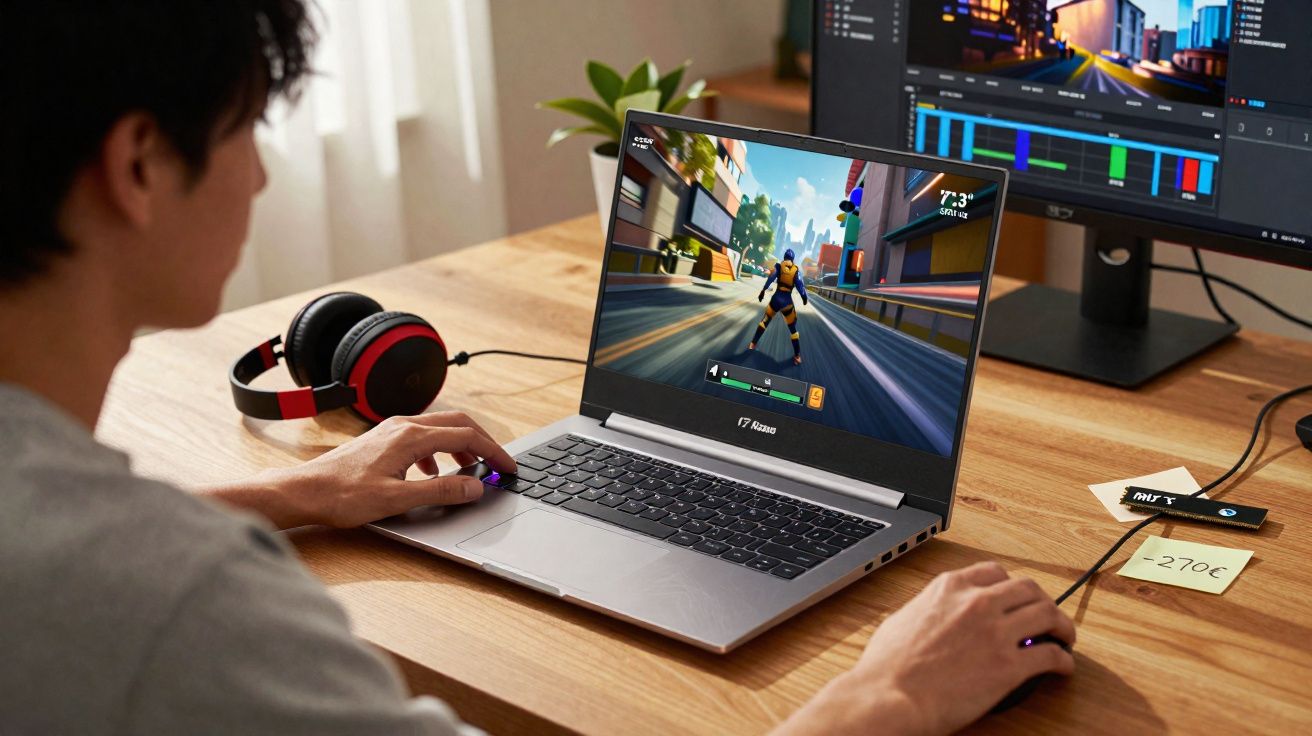 Pessoa a jogar videojogo num portátil numa secretária com auscultadores e monitor externo.