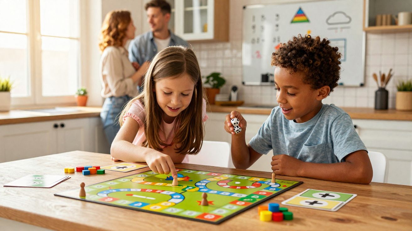 Crianças a jogar jogo de tabuleiro numa mesa enquanto adultos conversam ao fundo numa cozinha.