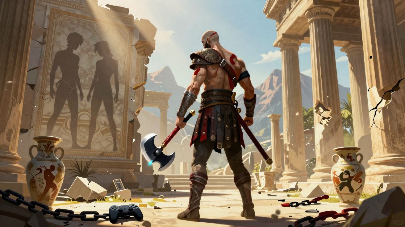 Guerreiro espartano de costas em ruínas antigas segurando machado, com controles de videojogo no chão.