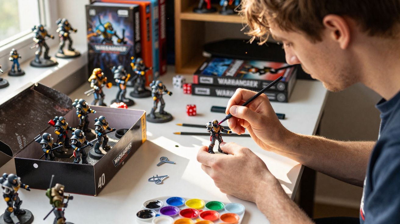 Pessoa a pintar miniaturas de figuras de jogo de tabuleiro com pincel e tintas coloridas numa mesa.