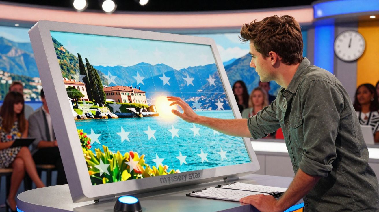 Homem interage com ecrã táctil que exibe paisagem lacustre com estrelas luminosas.