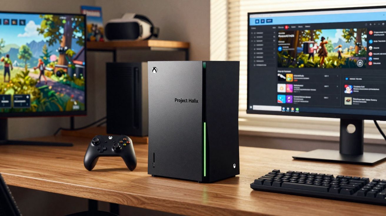 Consola Xbox Project Halix com comando, dois monitores e teclado num escritório moderno.