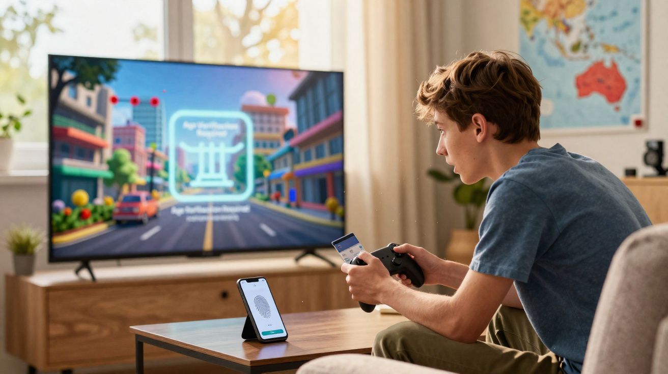 Rapaz a jogar videojogo na televisão com comando e smartphone numa sala de estar moderna.