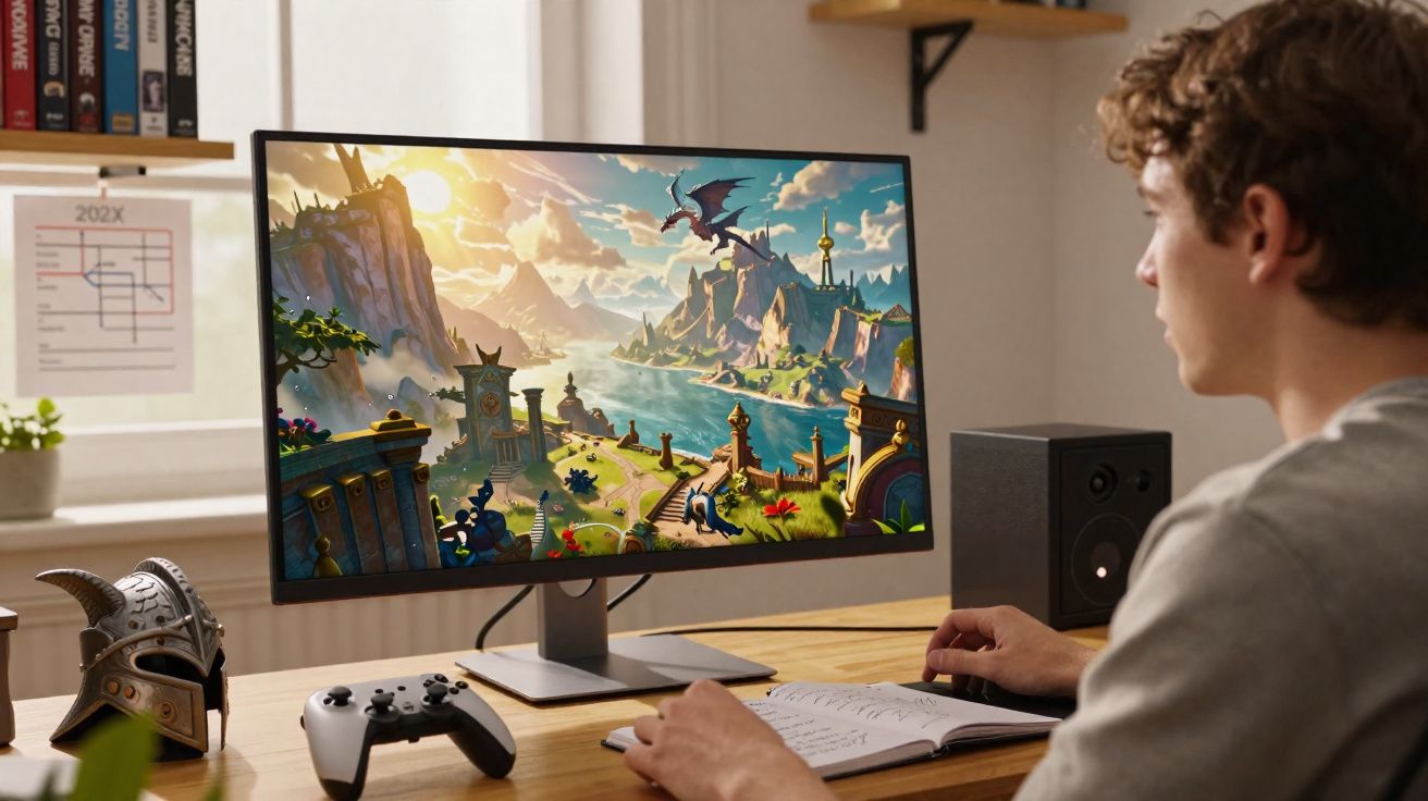 Jovem a jogar videojogo de fantasia num computador numa secretária com comandos e capacete viking.