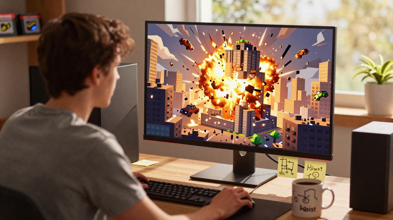 Jovem a jogar videojogo de destruição urbana com explosão na tela de computador num ambiente doméstico.