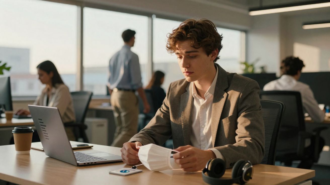 Jovem de fato a segurar uma máscara em escritório moderno com colegas a trabalhar ao fundo.