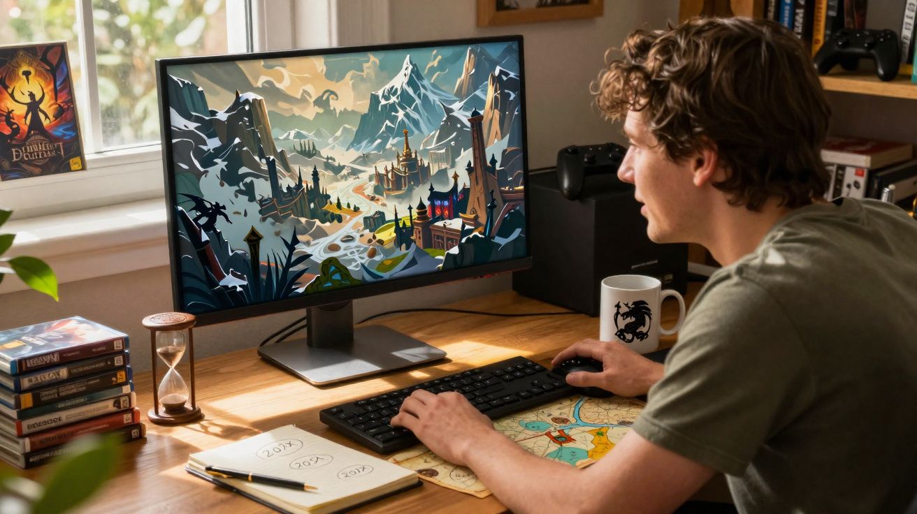 Homem a jogar videojogo de fantasia num computador numa secretária com mapas, caneca e livros.