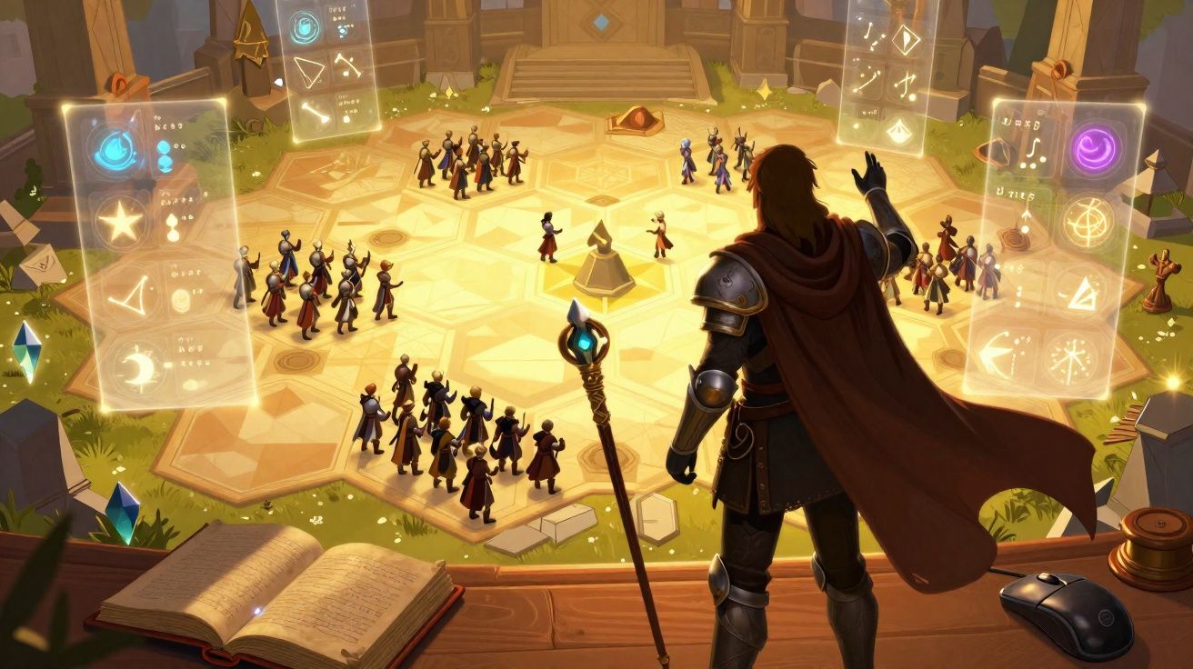 Feiticeiro com capa observa um tabuleiro de xadrez mágico com peças animadas e símbolos flutuantes num ambiente antigo.