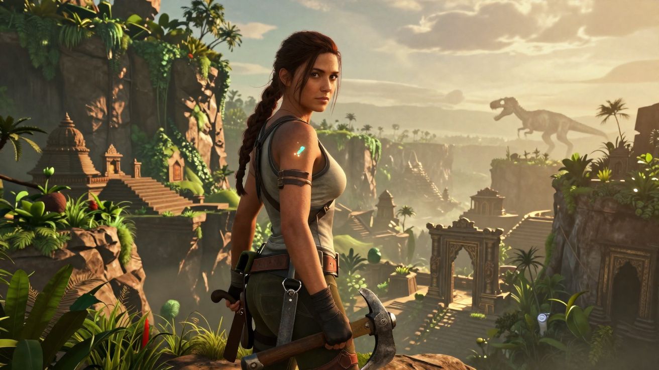 Jovem mulher com martelo em mão observa ruínas antigas numa selva com um dinossauro ao fundo.
