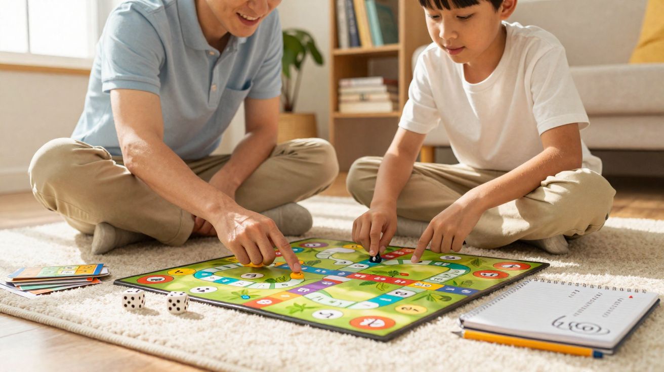 Homem e menino sentados no chão a jogar um jogo de tabuleiro num tapete em sala de estar.