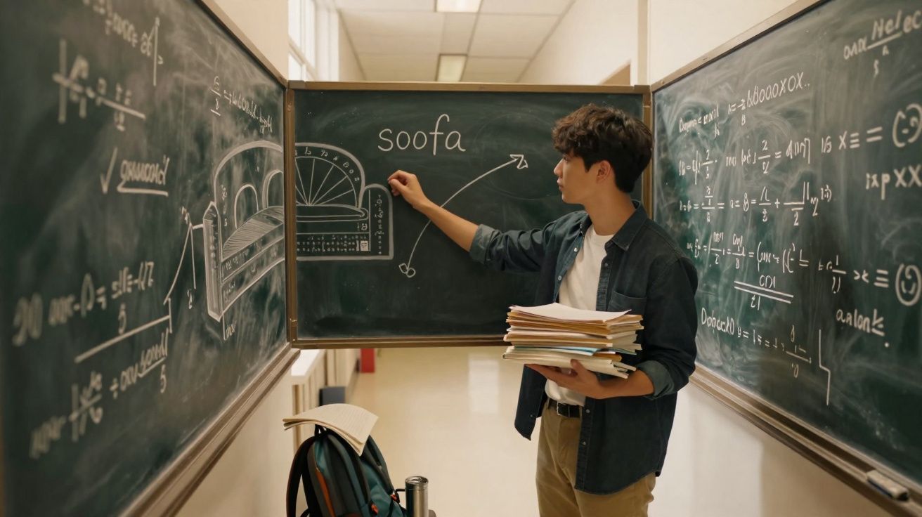Estudante a explicar geometria numa sala com quadros pretos cheios de fórmulas matemáticas e desenhos de um sofá.