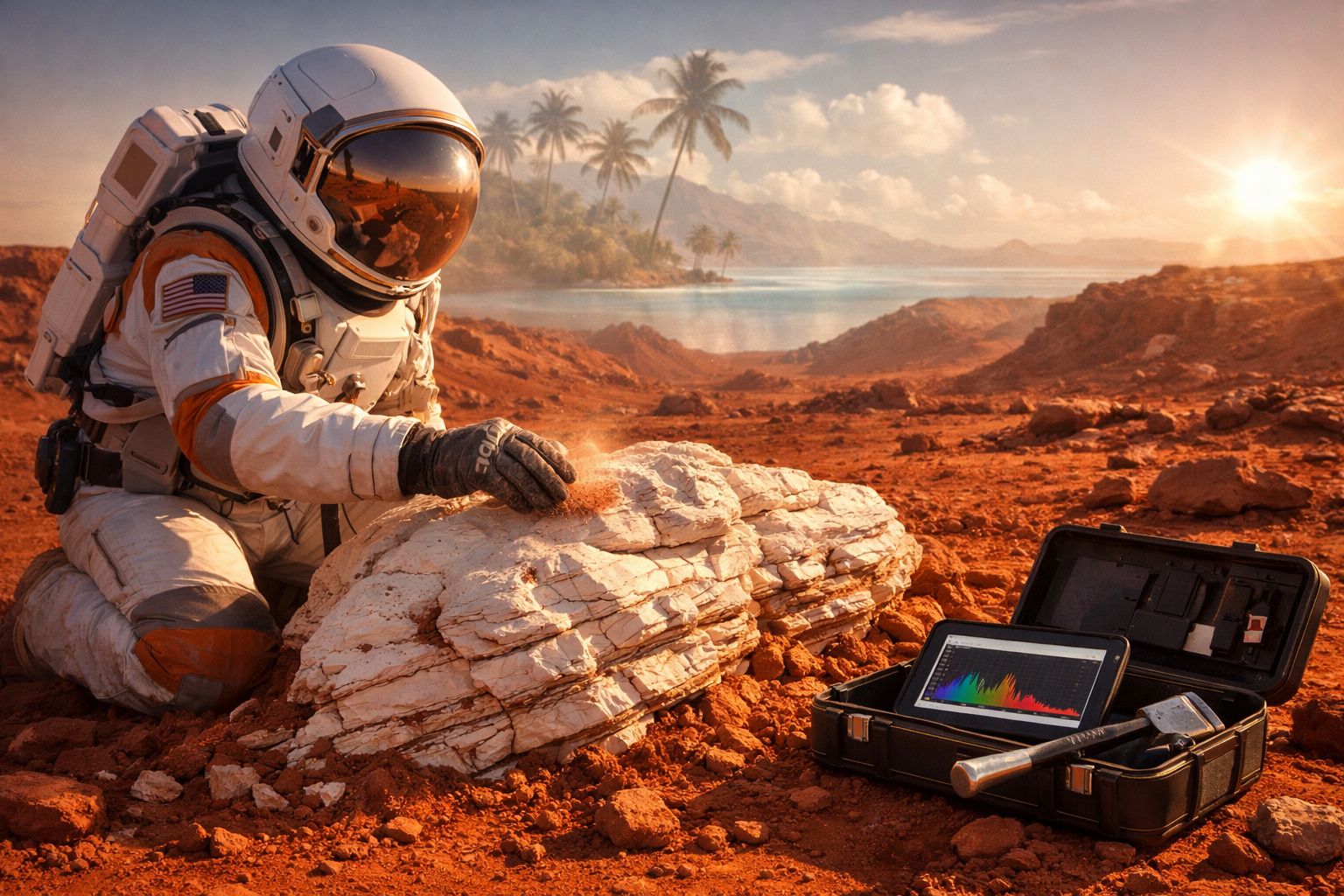 Astronauta recolhe amostra de solo vermelho junto a rochedo com equipamento aberto e terra vermelha ao pôr do sol.