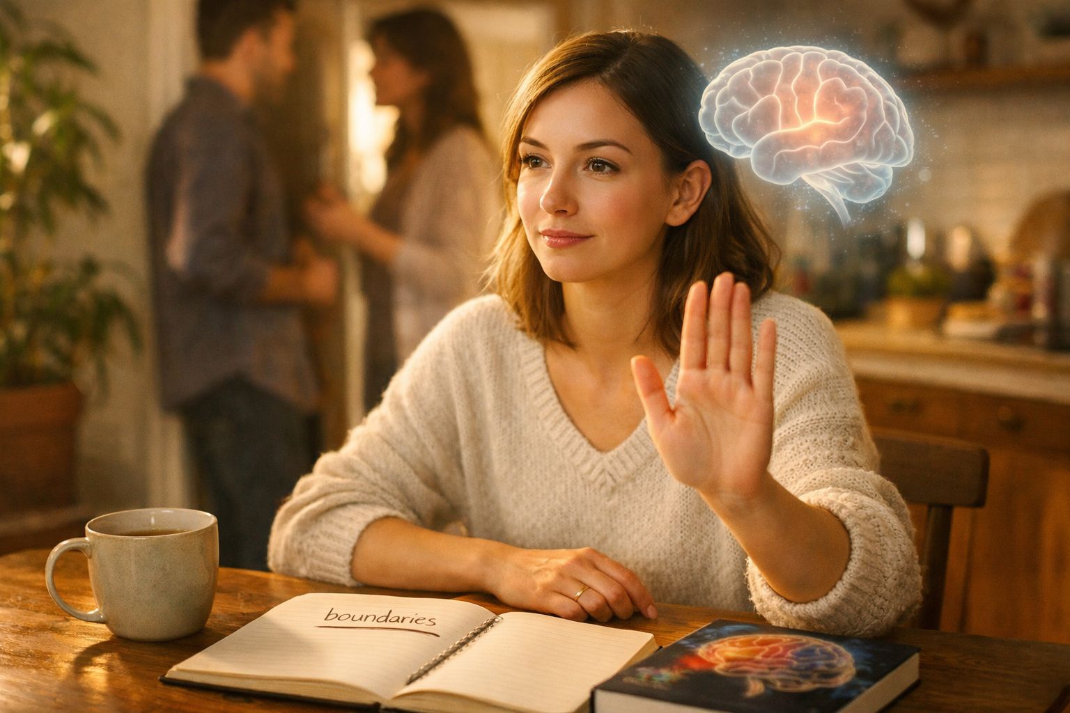 Mulher sentada a estender a mão em sinal de paragem, com cérebro iluminado ao lado e caderno com "boundaries".