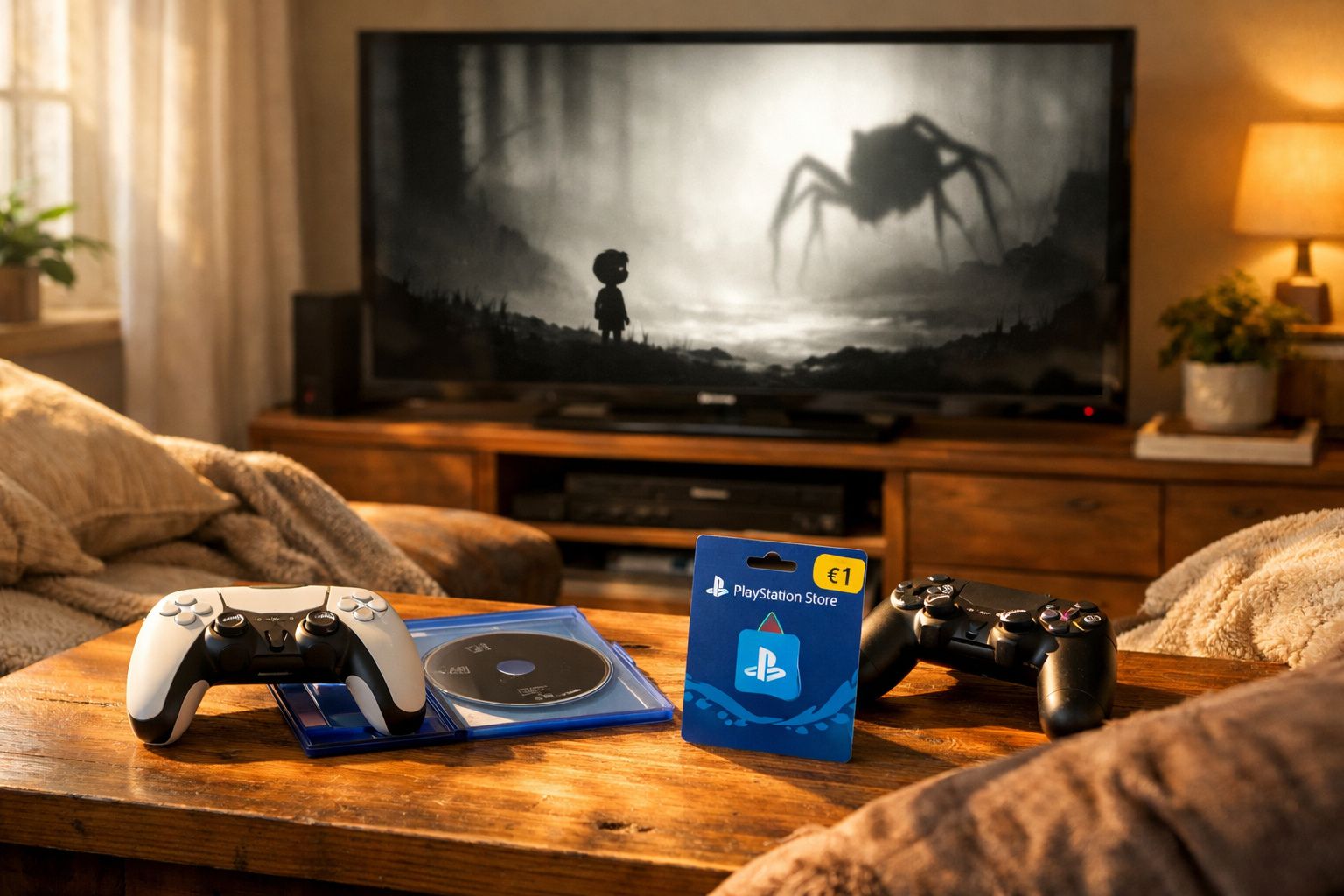 Mesa de madeira com comandos de consola, disco de jogo e cartão PlayStation frente a TV com videojogo de silhueta infantil e 