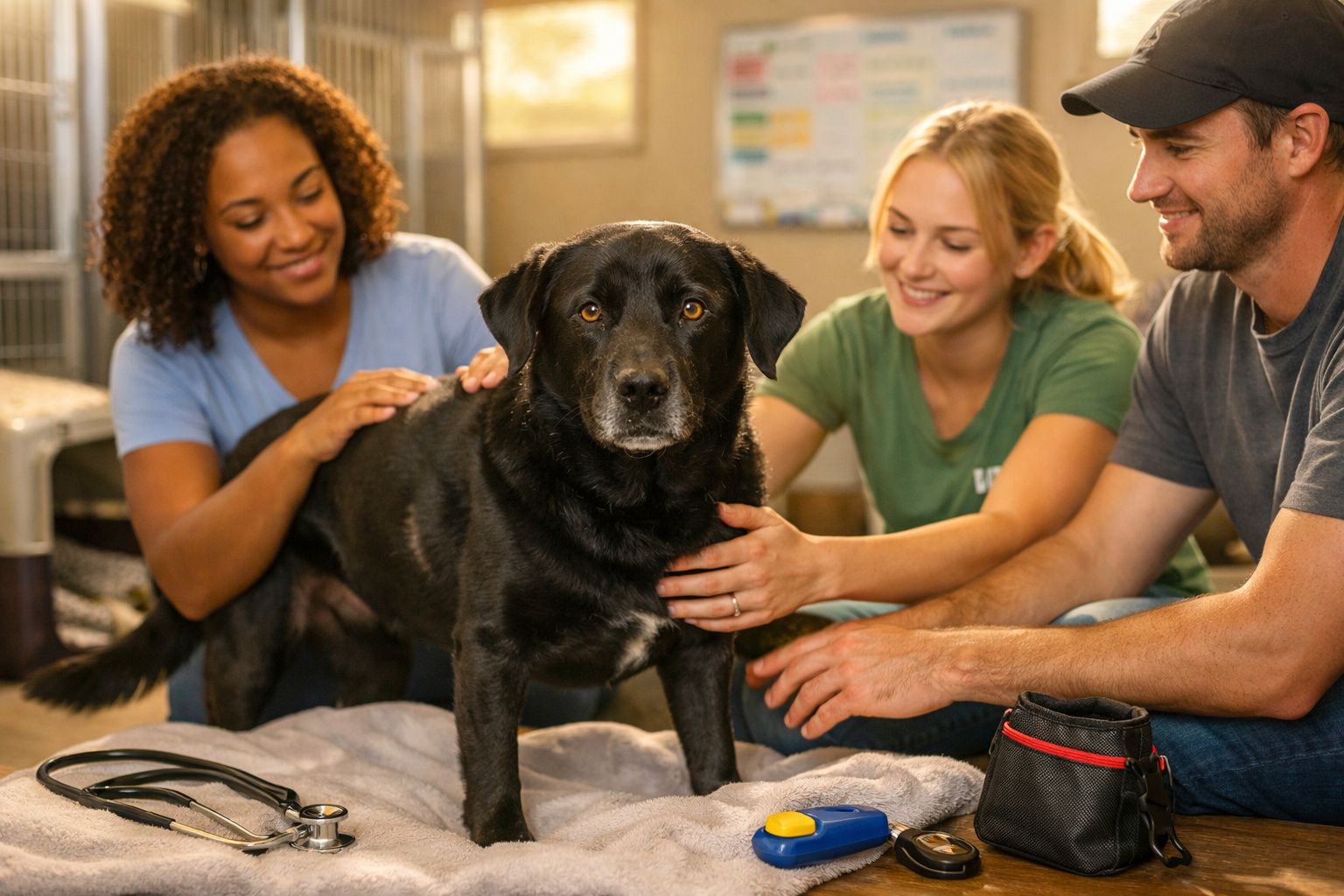 Veterinários a examinar um cão preto num ambiente acolhedor e profissional.