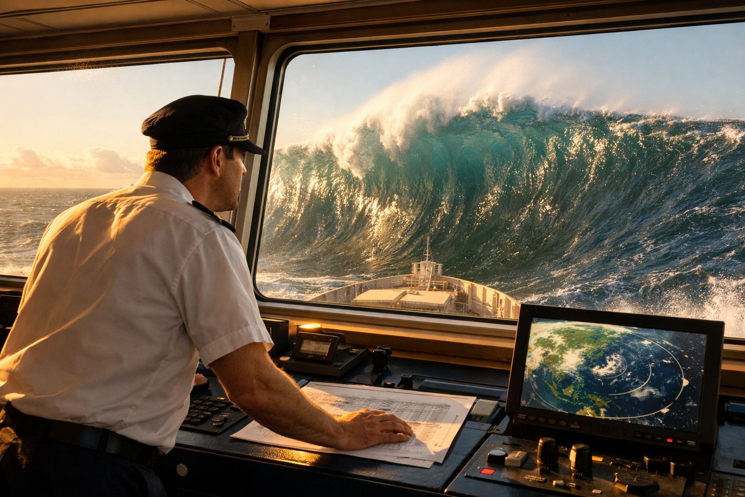Homem de uniforme observa grande onda do convés de um navio num cockpit com instrumentos e mapa digital.