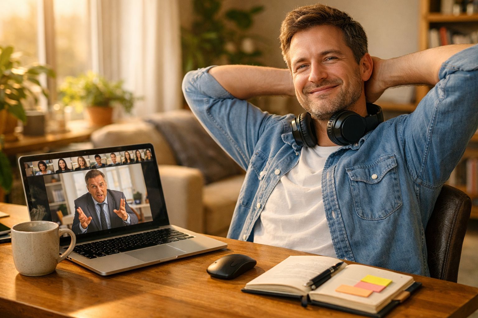 Homem sorridente com headphones ao pescoço numa videochamada de trabalho em ambiente doméstico.