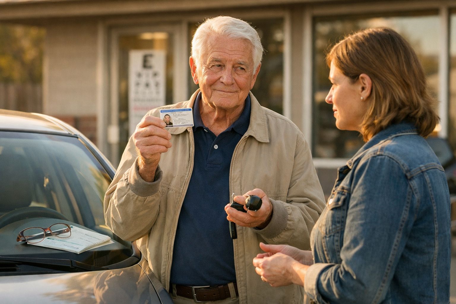 Homem idoso mostra carta de condução e chave de carro a mulher junto a veículo estacionado.