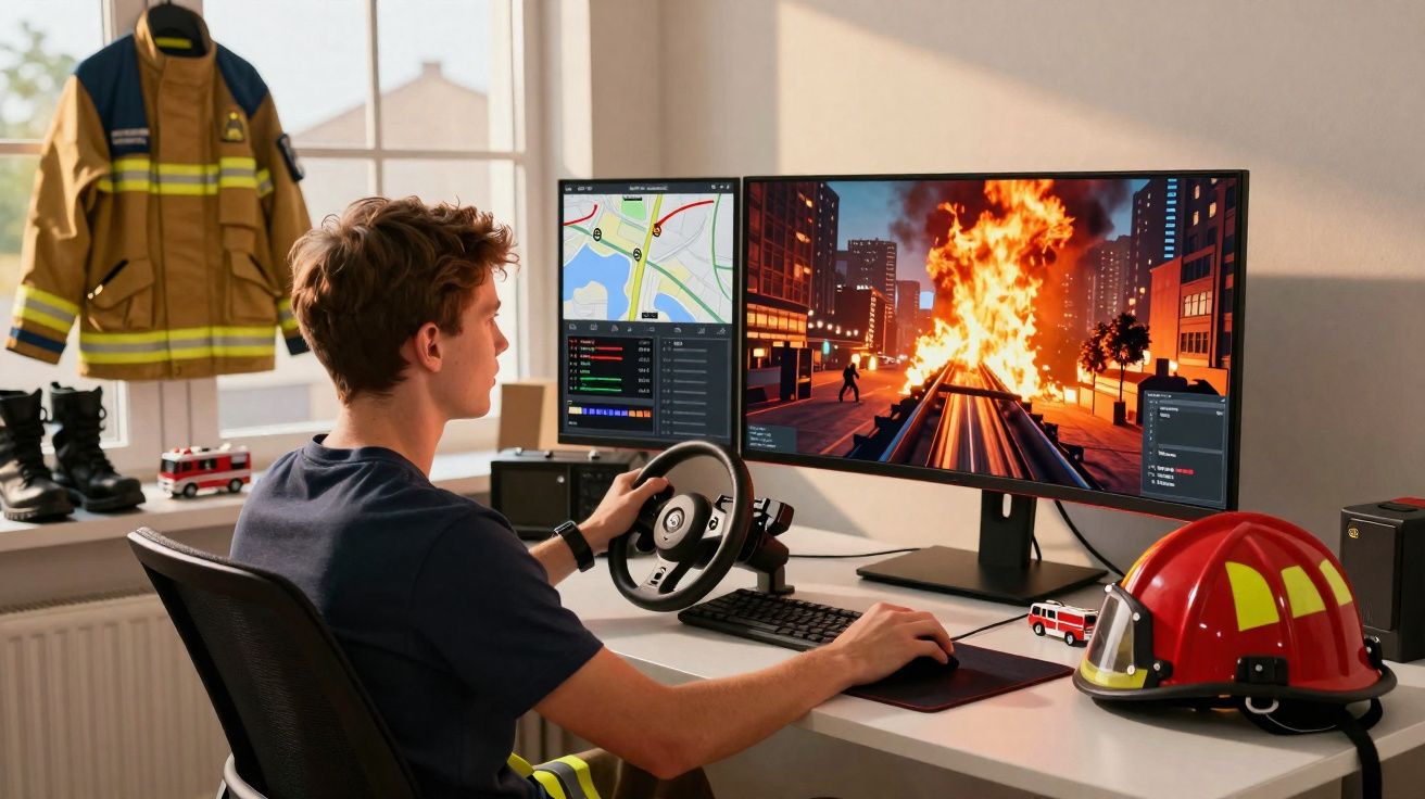 Jovem a simular controlo de incêndio em computador com volante, monitor grande e acessórios de bombeiro.