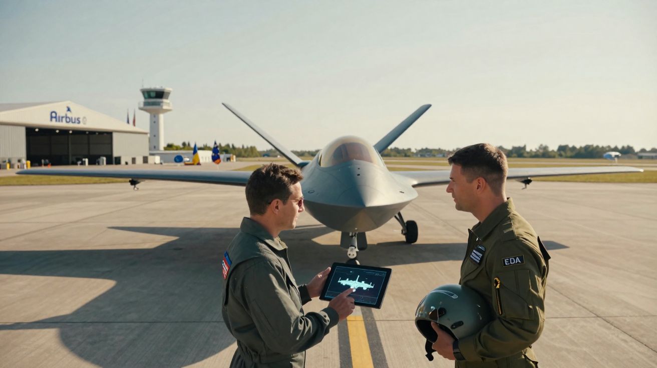 Dois pilotos militares conversam junto a um drone de combate na pista de um aeroporto da Airbus.