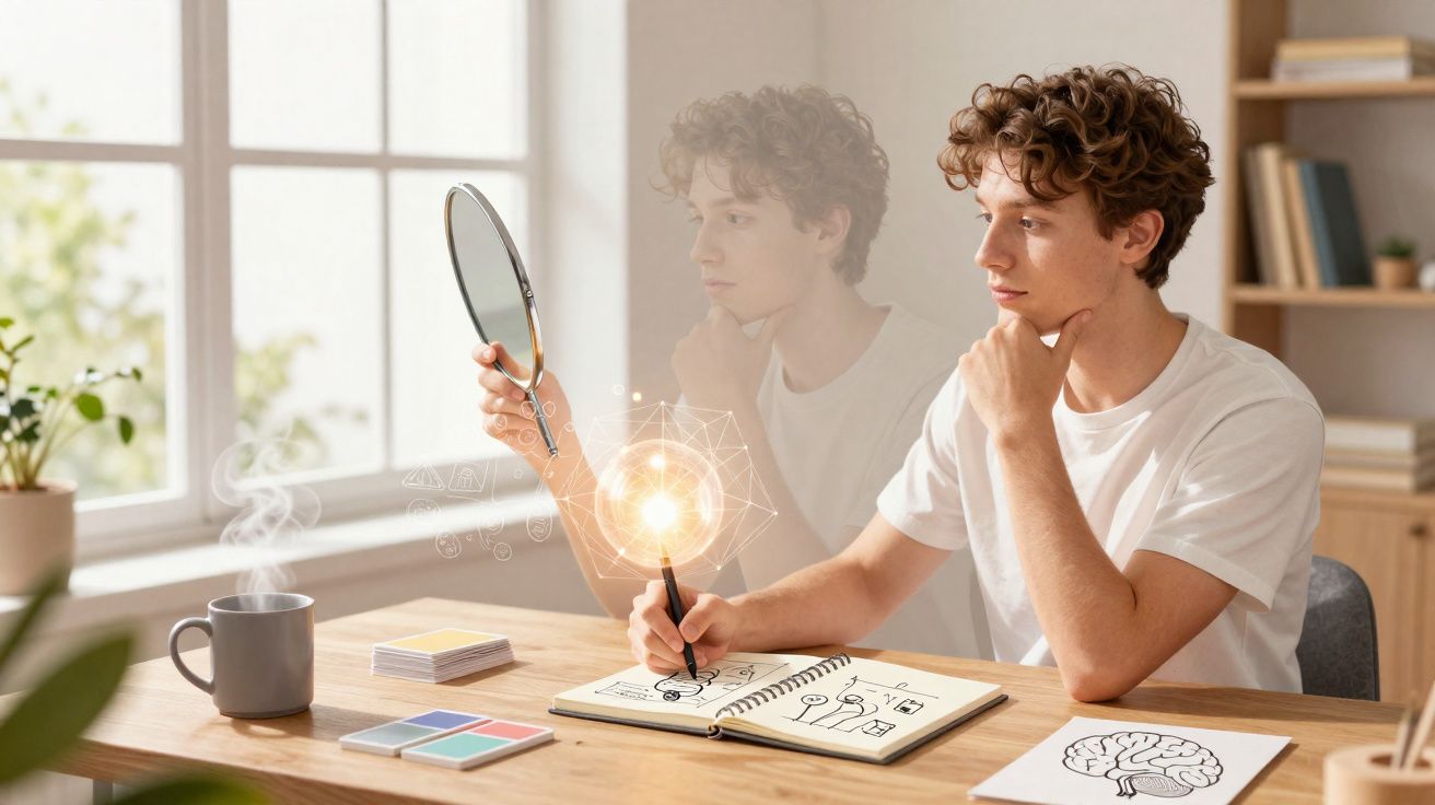 Jovem sentado numa mesa a desenhar e olhar para um espelho com gráficos luminosos à sua frente.