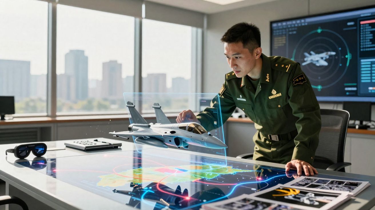 Militar em uniforme verde analisa modelo de avião e projeção digital sobre mesa interativa em sala moderna.