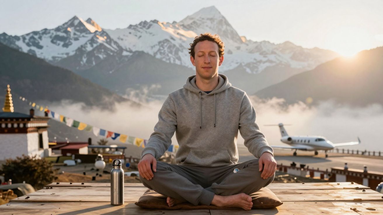 Homem medita sentado em almofada ao ar livre com montanhas nevadas e avião ao fundo ao nascer do sol.