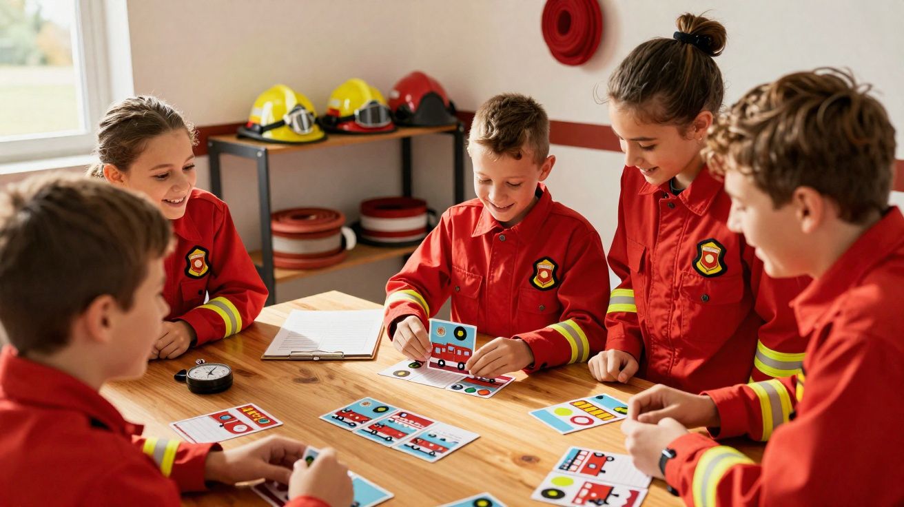 Crianças vestidas de bombeiros a jogar cartas educativas numa mesa de madeira numa sala bem iluminada.