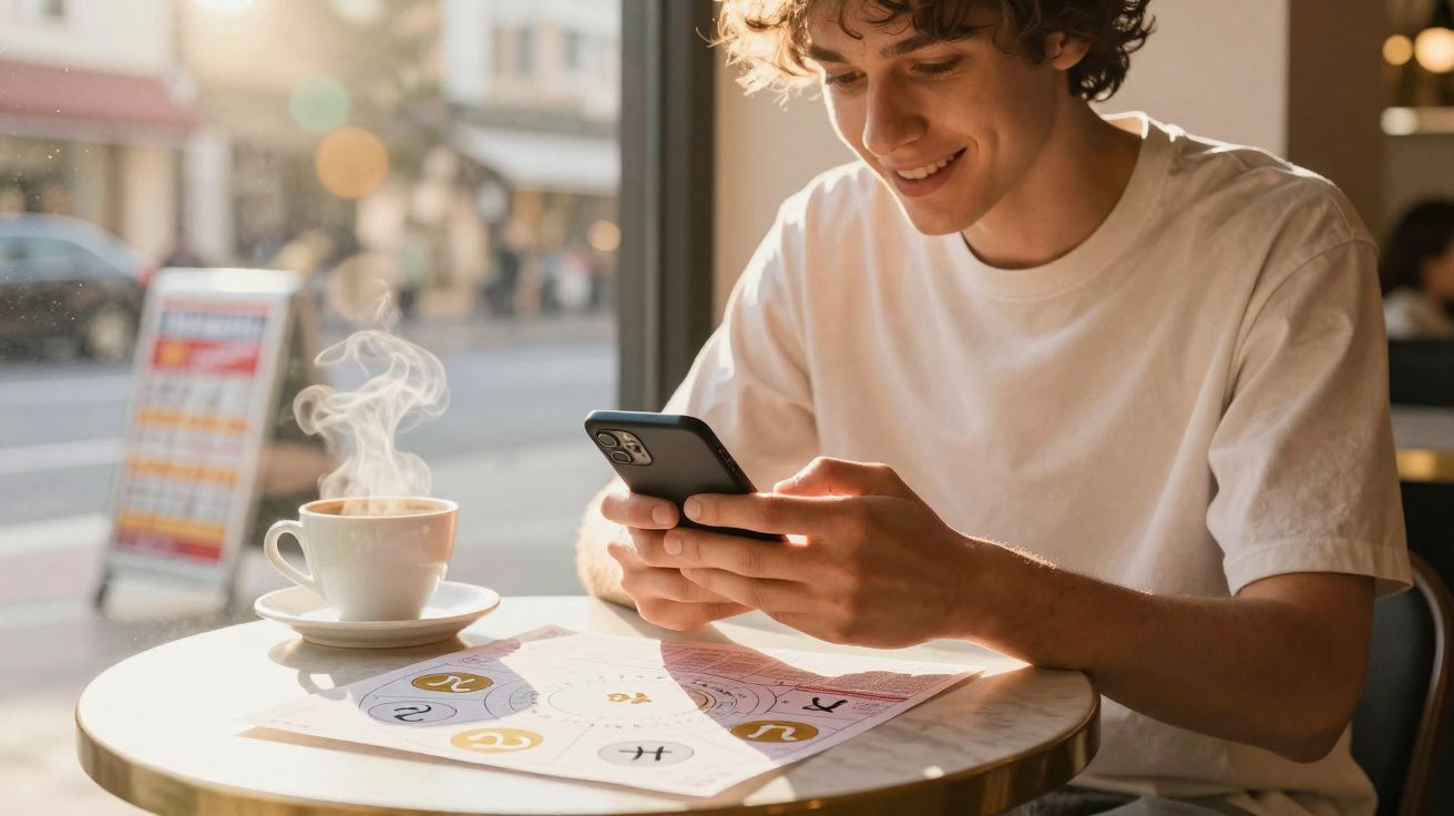 Jovem sorridente sentado numa mesa com café quente e a olhar para o telemóvel numa cafetaria iluminada.