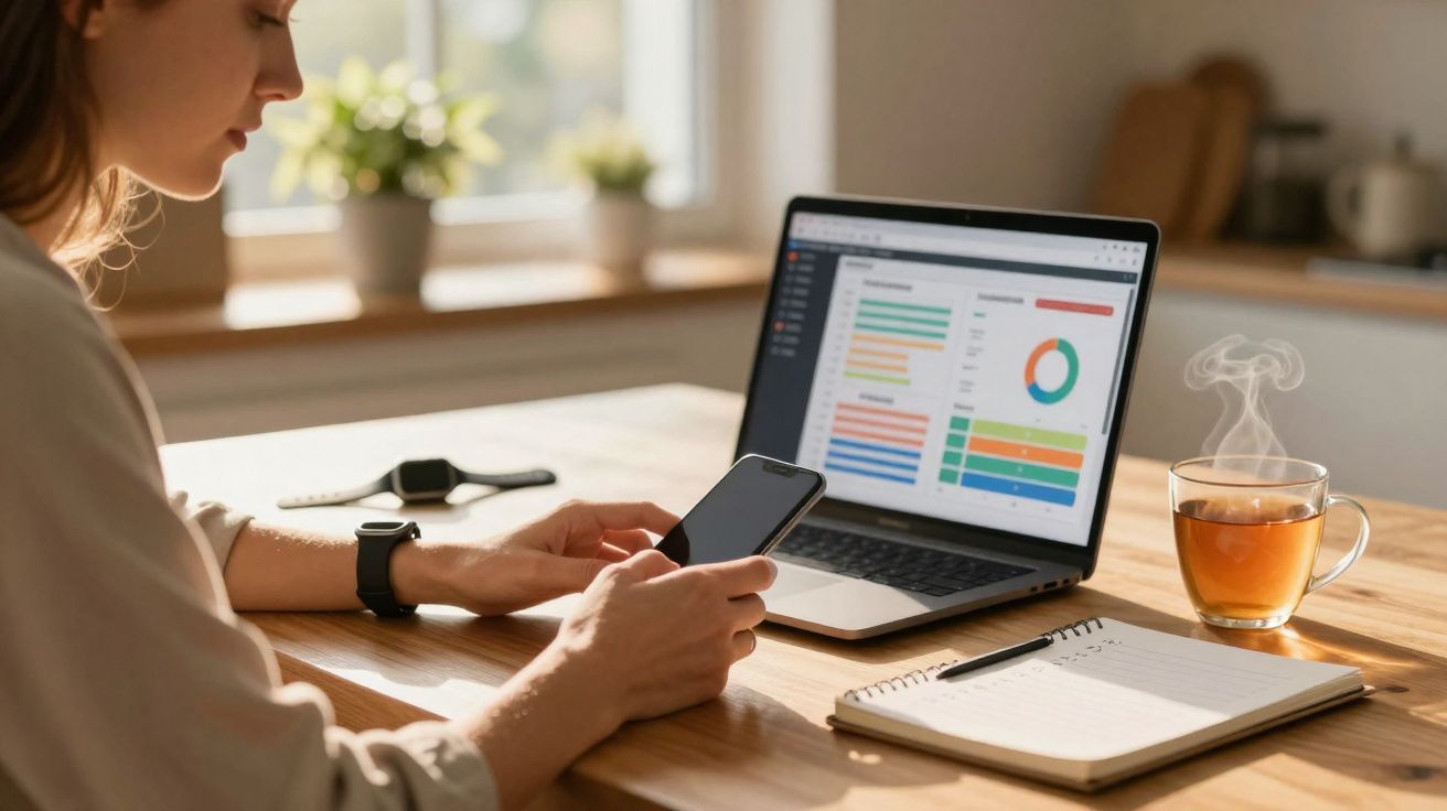 Pessoa a trabalhar em casa com portátil, telemóvel, caderno e chá quente numa mesa de madeira.