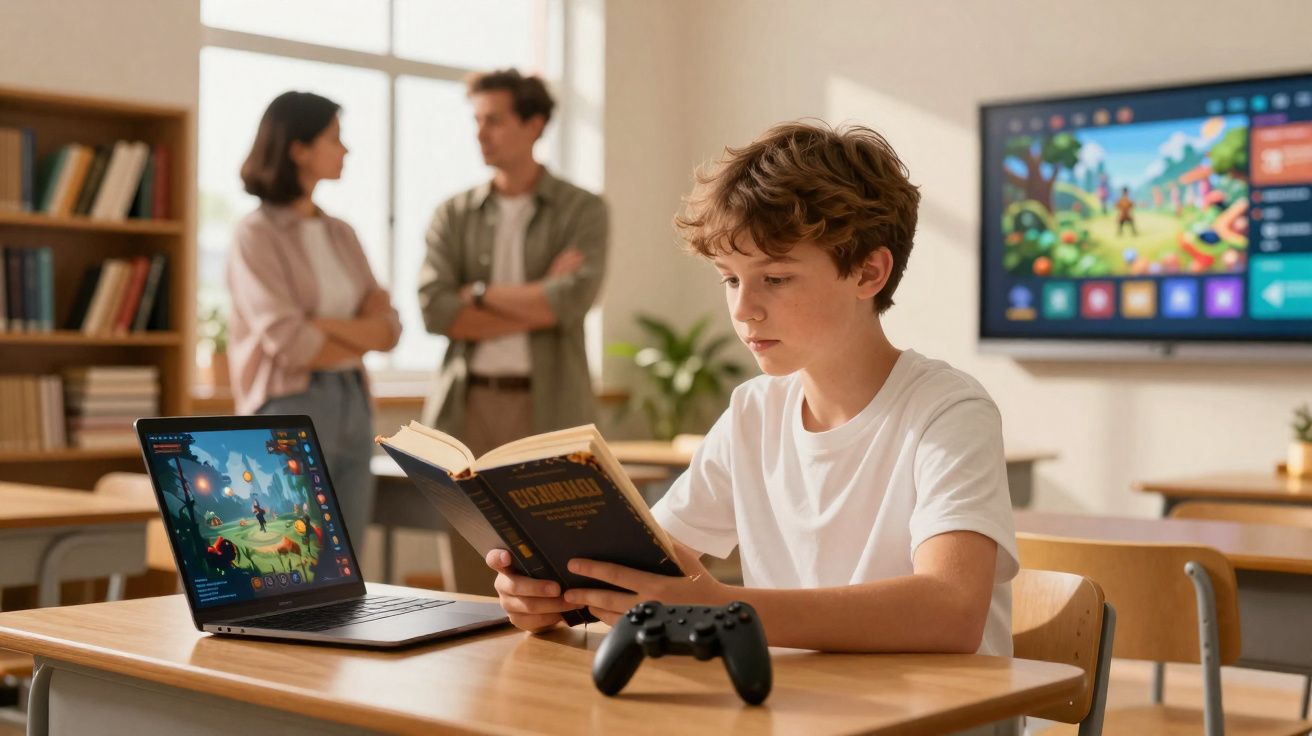 Rapaz sentado a ler um livro numa sala de aula, com computador, comando de videojogo e dois adultos ao fundo.