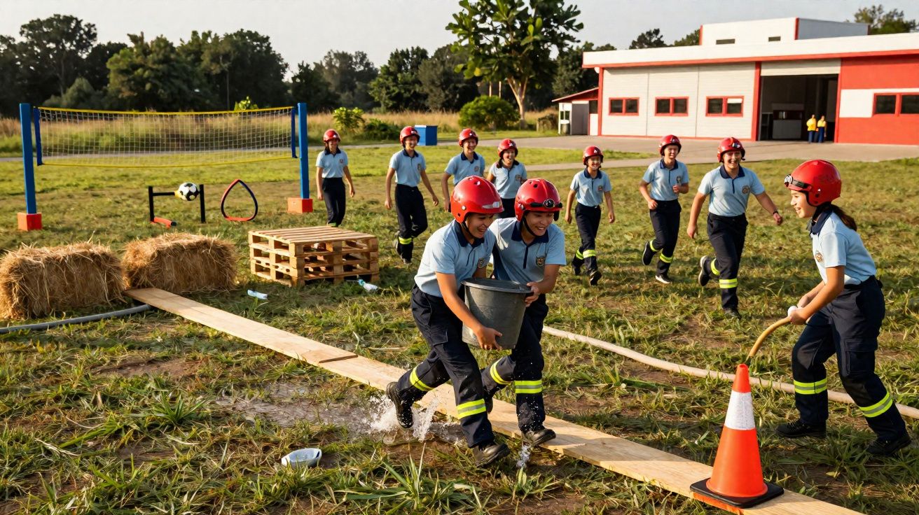 Crianças com capacetes vermelhos participam em treino de bombeiros ao ar livre num campo verde.