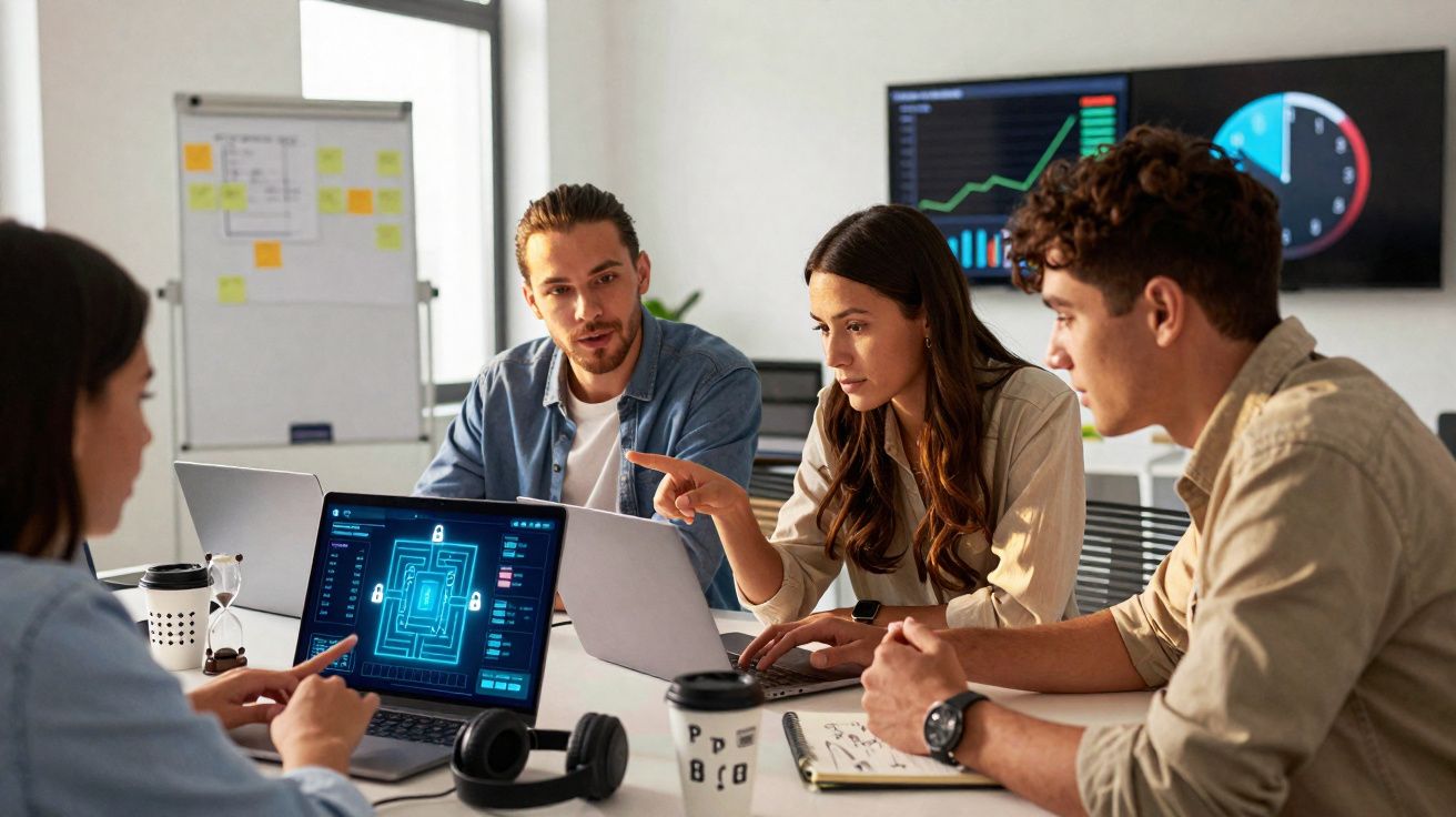 Quatro jovens em reunião de trabalho com laptops, discutindo gráficos e tecnologia de segurança digital.