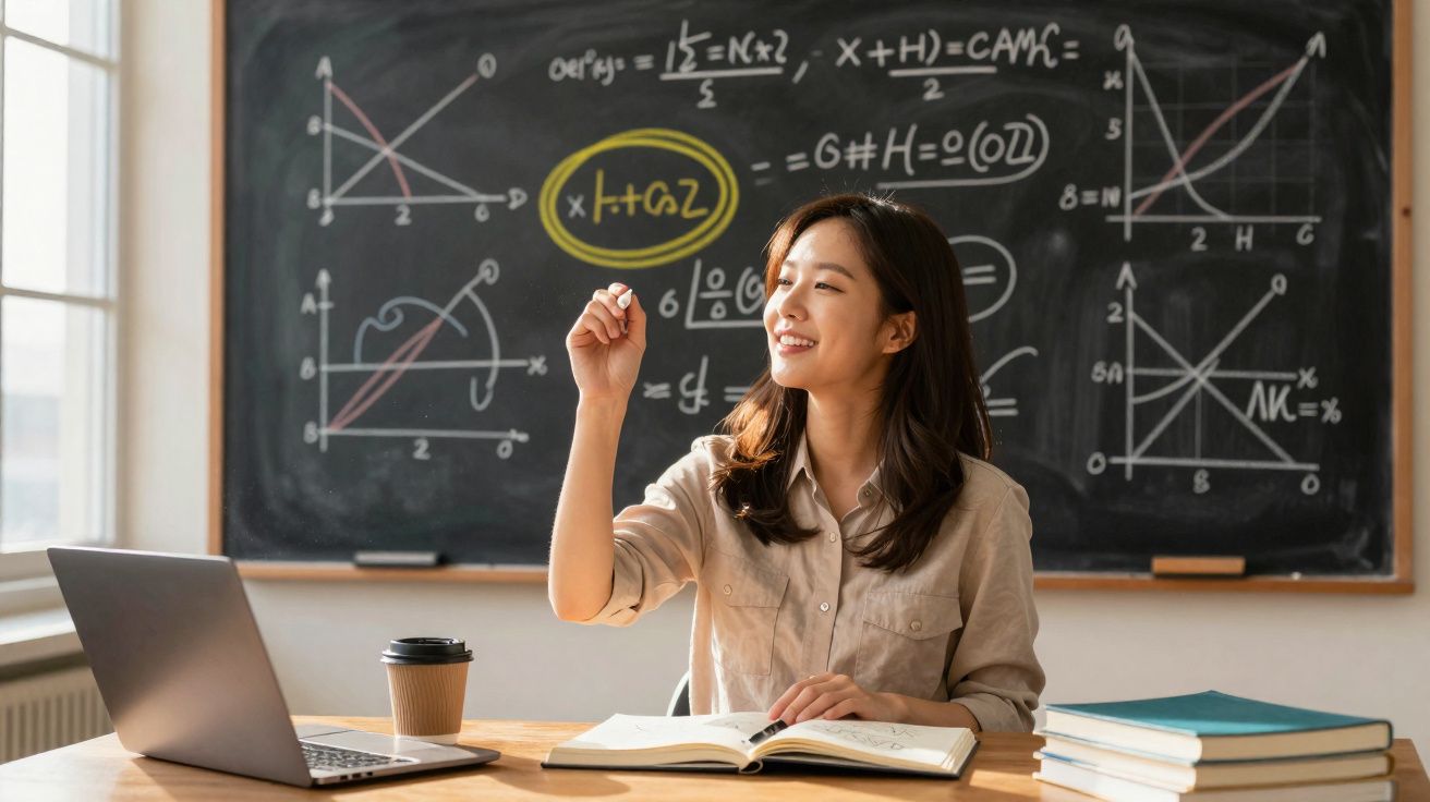 Mulher a ensinar matemática com fórmulas no quadro negro, livro aberto e portátil numa mesa.