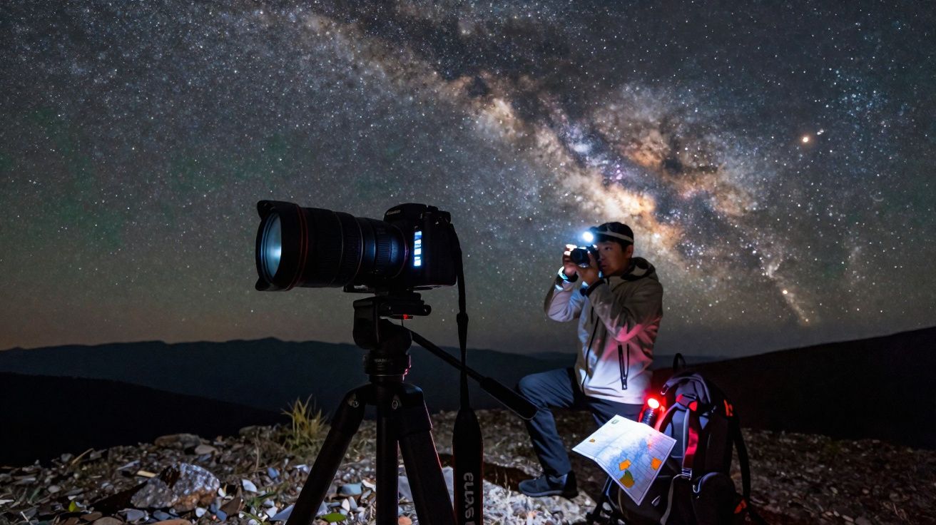 Fotógrafo com bússola e mapa em montanha fotografa o céu estrelado e a Via Láctea à noite.